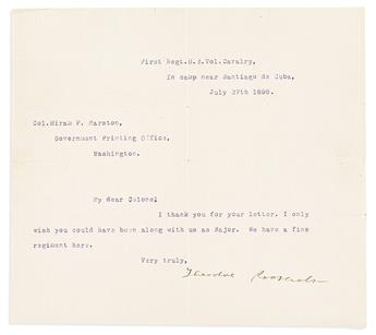 ROOSEVELT, THEODORE. Brief Typed Letter Signed, to Colonel Hiram P. Marston: